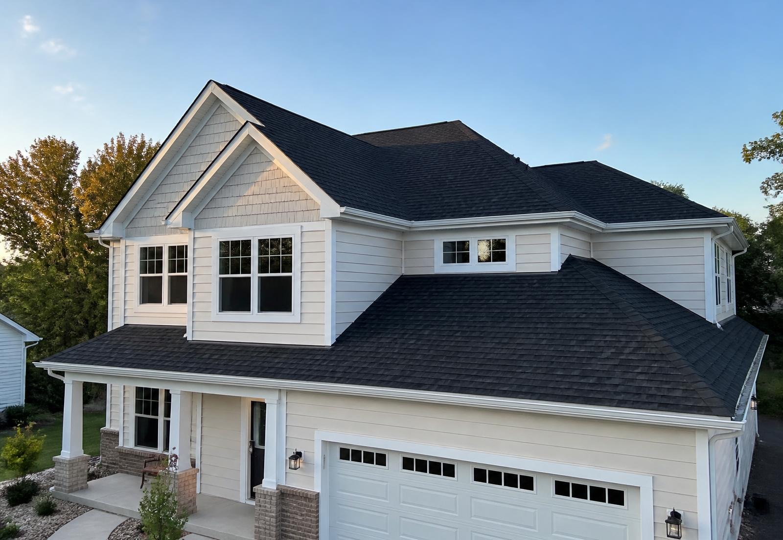 Newly installed dark shingle roof on a two-story suburban home